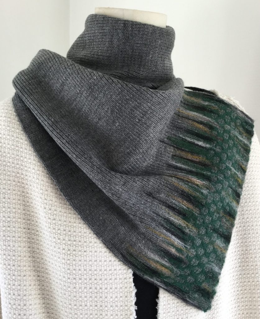 Scarf handmade - grey with green - reused textile Halle Design