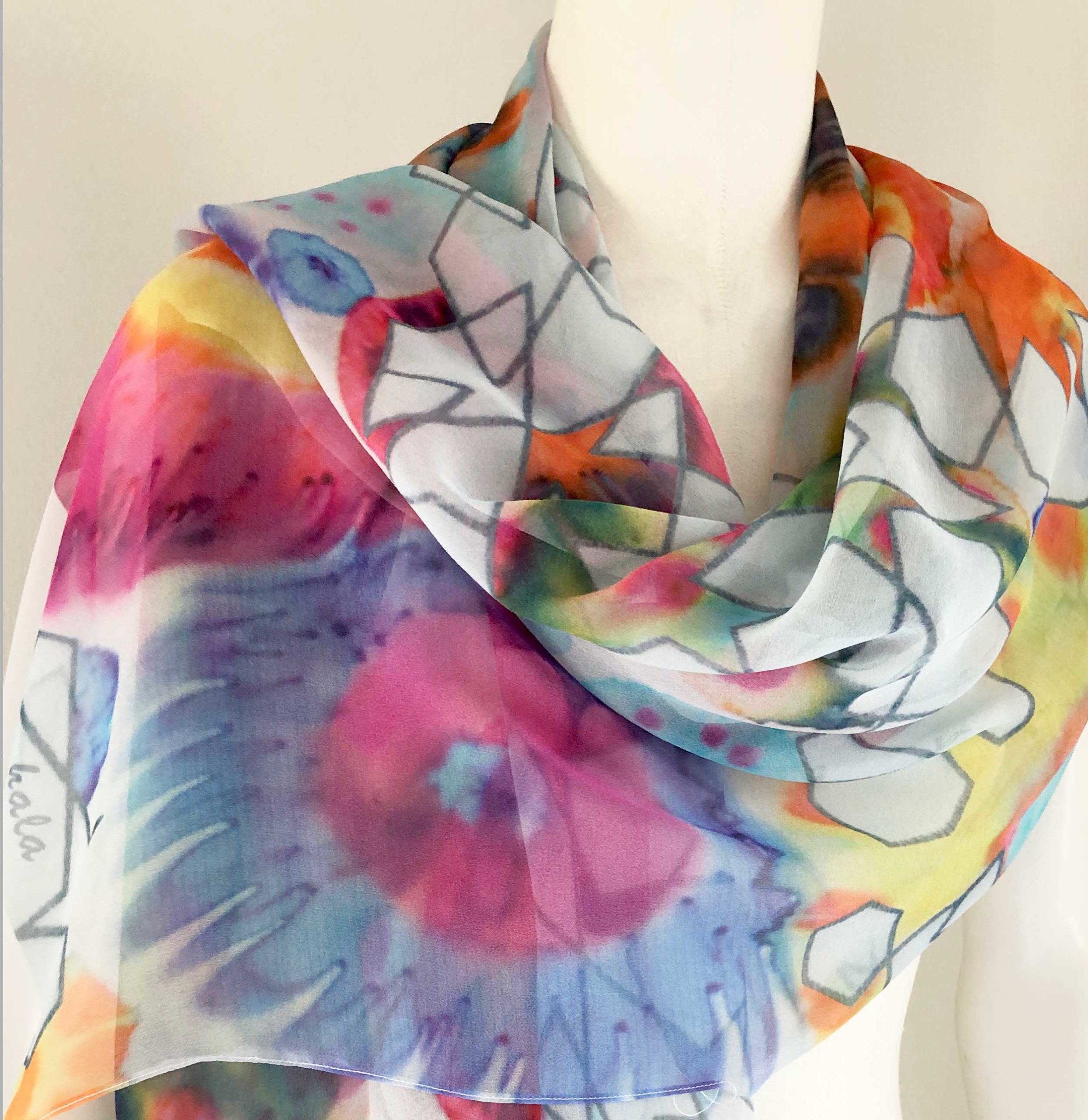 Handmade scarf silk shawl flowers geometric