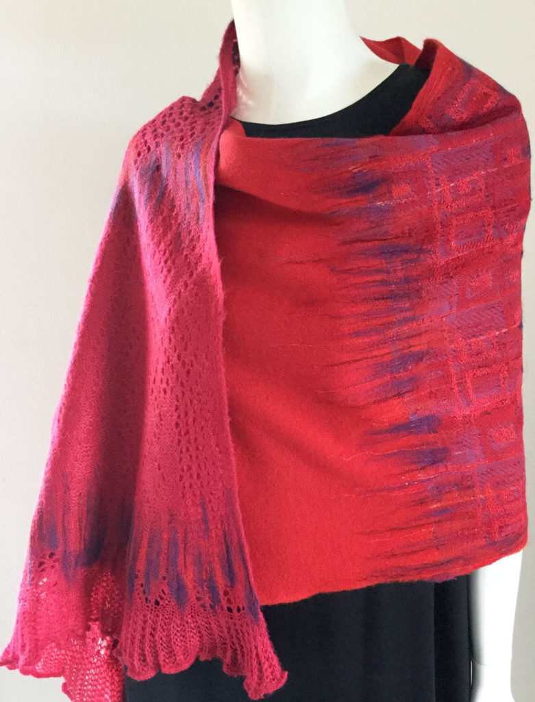 Unique handmade red scarf using Upcycled textile 